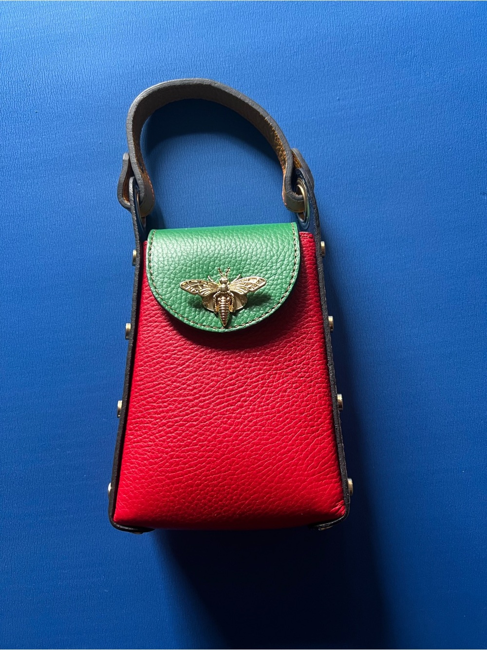 Red & Green Leather Top-Handle Mini Bag with Bee Accent